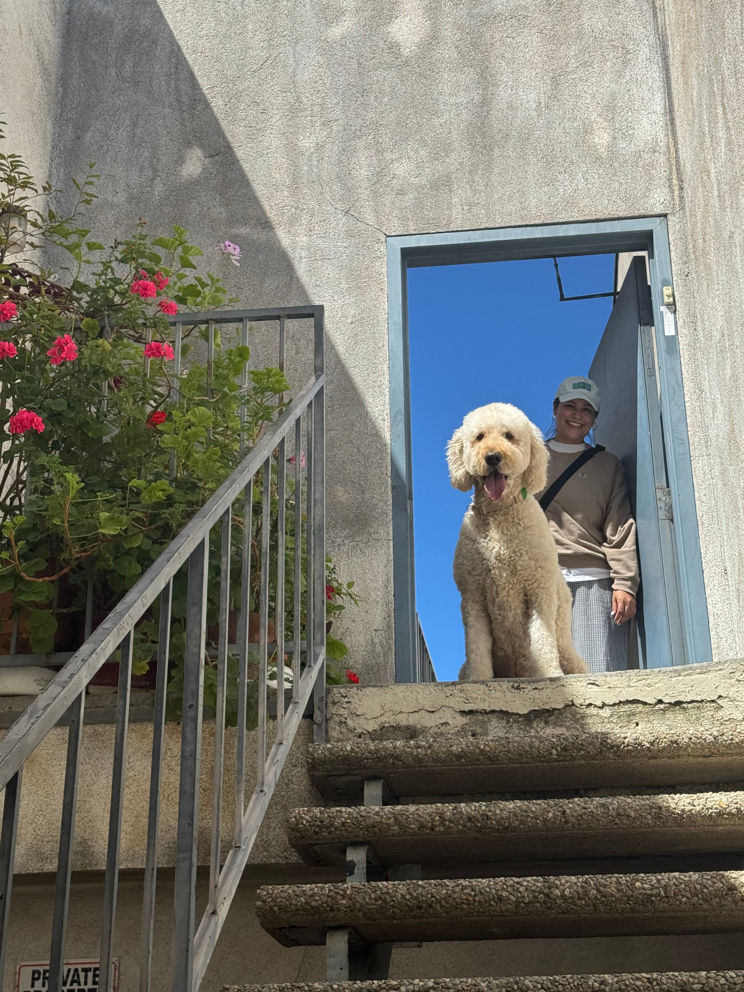 Walker and goldendoodle in LA apartment doorway